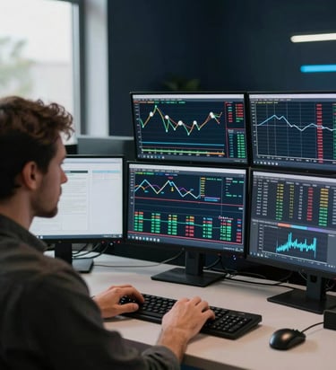 Over-shoulder cinematic frame of a man at a trading desk with three monitors displaying live forex charts, screen glow illuminating his face and hands on the keyboard, natural daylight from a window to the left, deep navy-dark room behind him