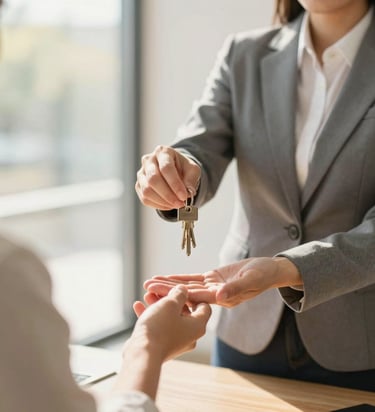 Close-up of a professional real estate agent in business-casual attire handing over keys to a client, bright natural daylight, warm inviting tones