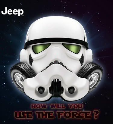 Jeep Star Wars collaboration ad featuring cinematic lighting and galactic-inspired themes.