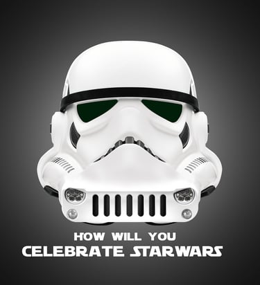 A white Star Wars Stormtrooper helmet with a Jeep vehicle front grille design for a themed celebration.