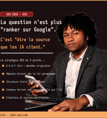 Stratégie GEO Generative Engine Optimization 2026 — être cité par les IA selon John SEO