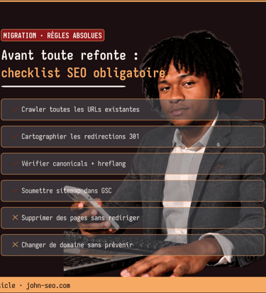 Checklist migration SEO 2026 : redirections 301 et règles absolues — infographie John SEO consultant