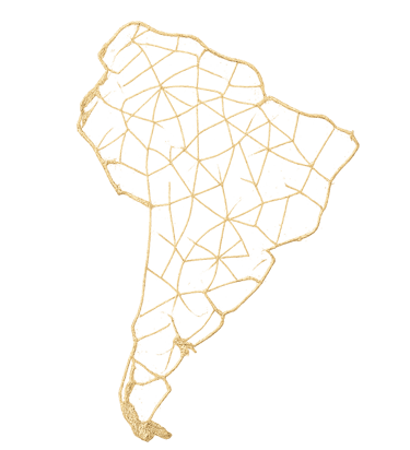 Gold outline map of South America made of dots and lines.