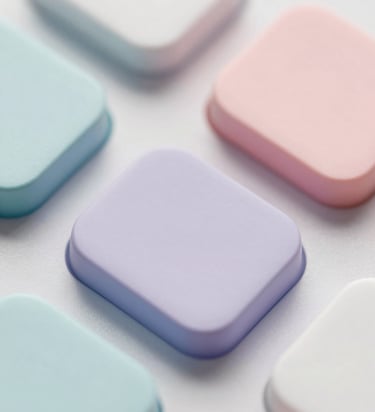 Close up of a tactile digital interface with large rounded buttons and soft shadows, pastel color scheme, representing hybrid experiences.