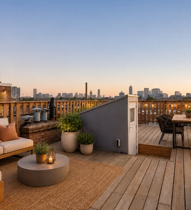 warm rooftop terrace with natural outdoor furniture and cozy lighting