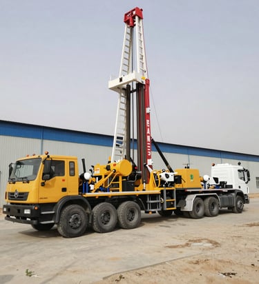 A workover rig in action with technicians performing maintenance on an oil well surrounded by lush greenery.