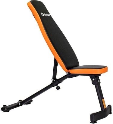 Banco de musculação ajustável preto e laranja com seis níveis de inclinação para treino em casa.