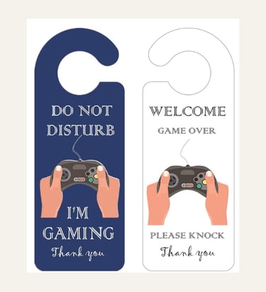 Set of gamer door hangers featuring Do Not Disturb and Welcome Game Over designs with controller illustrations.
