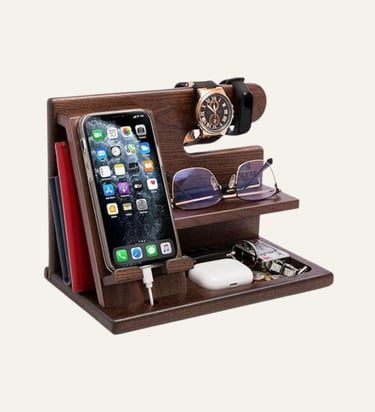 Handcrafted wooden docking station organizer for men's phone, watch, wallet, and glasses.