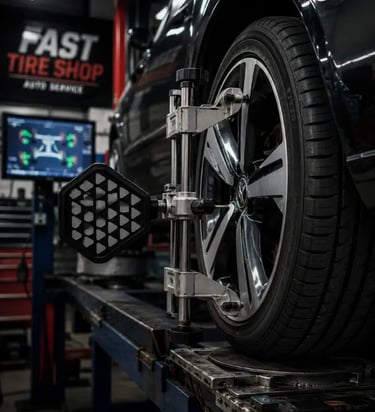 Professional wheel alignment service at Fast Tire Shop featuring precision alignment equipment, tire