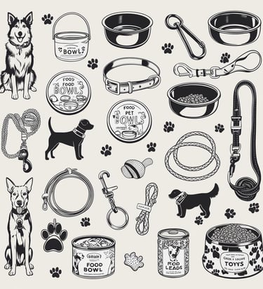 A selection of pet food and accessories neatly arranged