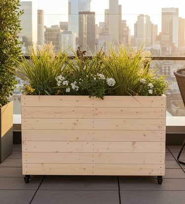 restaurant planter on wheels shallow bottom WOODEN OUTDOOR PLANTER GARDEN SOLID WOOD HANDMADE UK LONDON THROUGH tall large