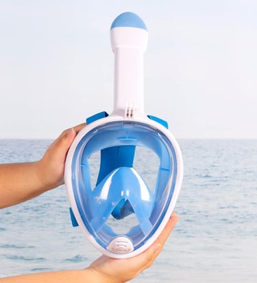 a person holding a blue mask mask and a blue mask