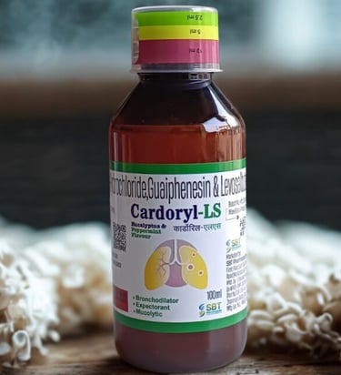 Cardoryl-LS cough syrup bottle with bronchodilator, expectorant and mucolytic for respiratory relief