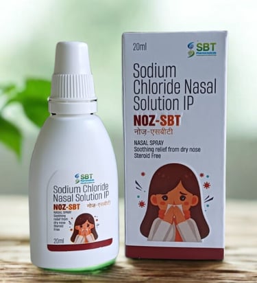 NOZ-SBT sodium chloride nasal spray bottle and packaging for dry nose relief and nasal hydration ste