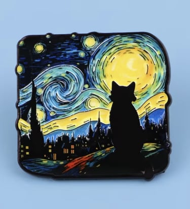 Enamel lapel pin featuring a black cat silhouette against Van Gogh's Starry Night painting style.