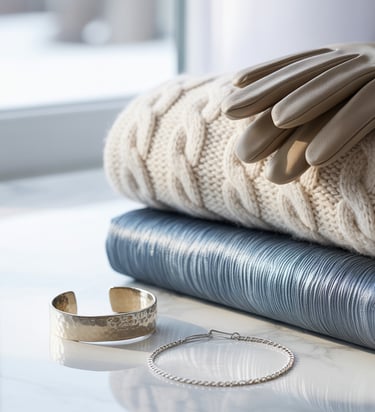 A flat lay of luxury winter fabrics featuring cream wool knitwear and icy blue silk