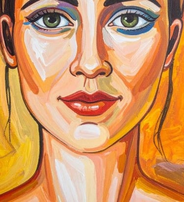 Acrylic painting portrait of a woman with green eyes and red lips on an orange background.