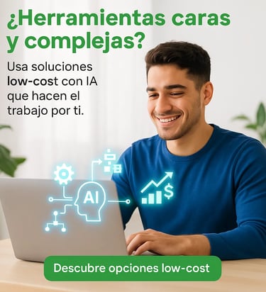 Emprendedor usando herramientas low-cost con IA para automatizar su negocio.
