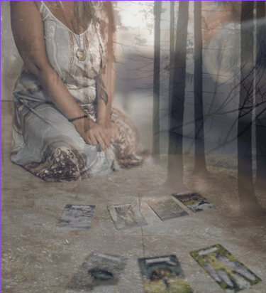 A woman in ceremonial stillness kneels before tarot cards in a forest temple, listening to the field