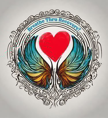 Breathe Thru Recovery Logo. It is a circle with the name curved over a heart in the middle of wings.