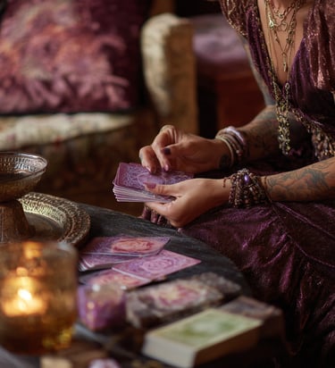 femme qui tire les cartes pendant une session de travail de l'ombre à Yule