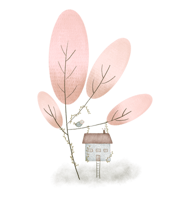 Whimsical tree house illustration for greeting cards, notecards, journals and luxury stationery.