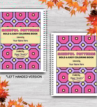 Personalized left and right-handed 'Mindful Patterns' bold and easy coloring book covers with autumn leaves design by Piper T