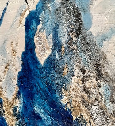 Peinture abstraite série passagère - tons bleus et ocres reliefs - Caroline Blanc 