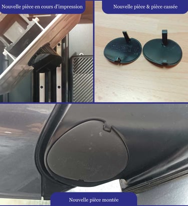 Impression 3D et montage final du cache de rétroviseur sur le véhicule