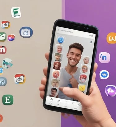 Uma mão segurando um smartphone usando um aplicativo de filtro facial, com ícones de redes sociais 