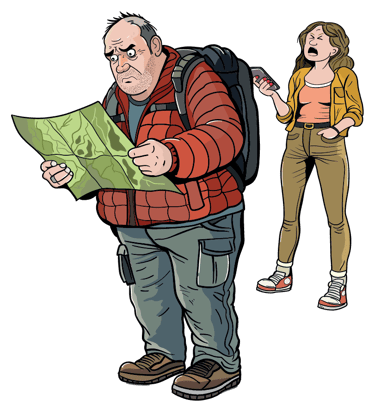 a man and woman are standing in front of a map