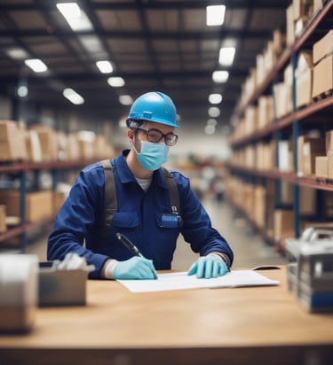 A person in a blue uniform stands in a warehouse aisle, surrounded by shelves filled with yellow plastic bins. The bins are organized and labeled, containing various items, while the industrial lighting provides a bright environment.