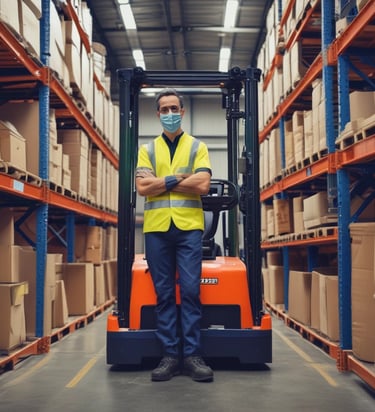 A person in a blue uniform stands in a warehouse aisle, surrounded by shelves filled with yellow plastic bins. The bins are organized and labeled, containing various items, while the industrial lighting provides a bright environment.