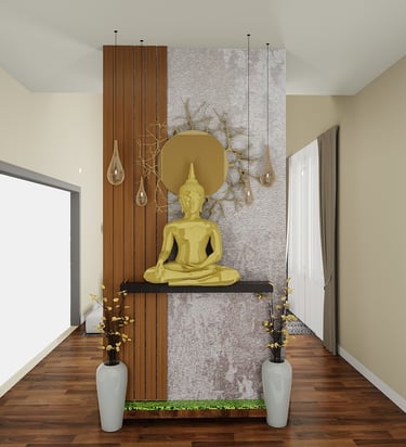 Modern home entryway featuring a golden Buddha statue on a marble and wood accent wall.