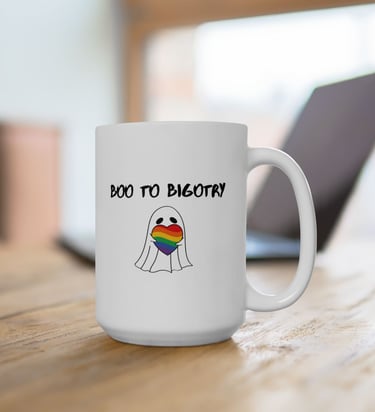 Boo to Bigotry pride coffee mug with rainbow heart design – inclusive fall drinkware
