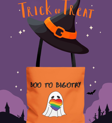 Boo to Bigotry pride tote bag with rainbow heart design – inclusive autumn accessory