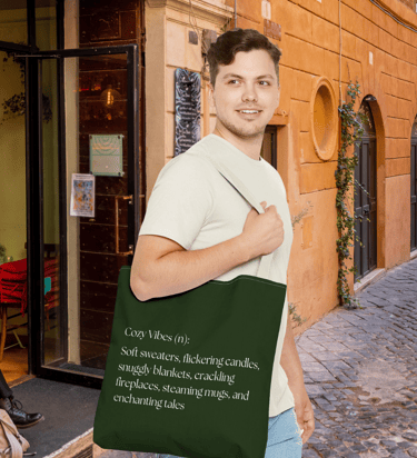 Cozy Vibes tote bag with definition-style design celebrating comfort and autumn vibes, eco-friendly 