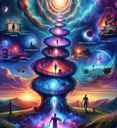 a man standing on a stairway way to a spiral staircase way