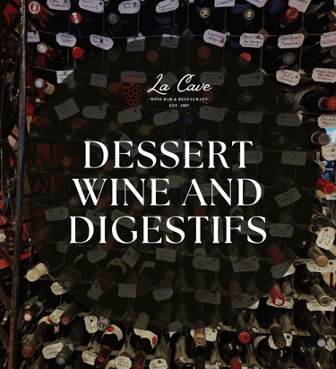 a display of wine bottles and title of Dessert Wine and Digestifs