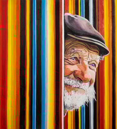 Colorful elder portrait with vertical stripes, contemporary oil painting