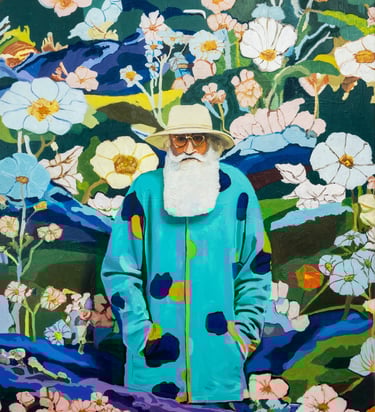 Colorful oil painting of an elderly man, against a vibrant floral background, Mihai Cotiga Painting