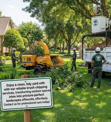Crew feeding branches into a chipper with wood chips ejecting into a truck.