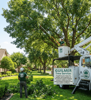 Arborist trimming high branches with rope and harness while crew clears pruned limbs.