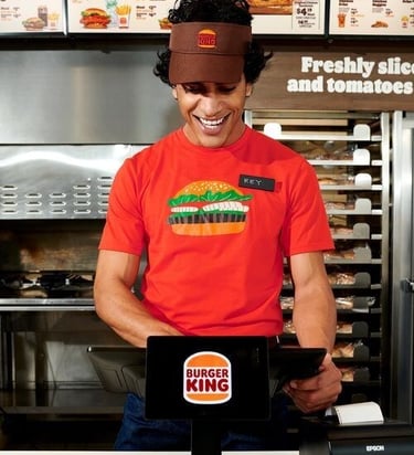 Smiling Burger King employee in a red t-shirt working at the fast food restaurant counter.