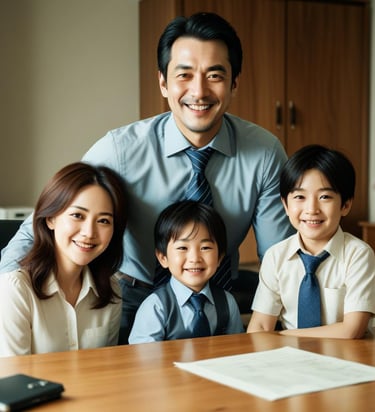 Um empresário feliz tendo um equilíbrio entre seu trabalho e família.