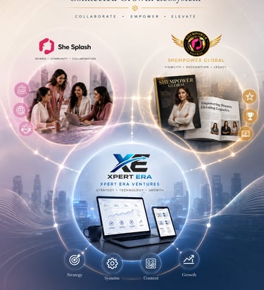 Infographic showing a connected growth ecosystem for women entrepreneurs including Xpert Era, She Splash, and Shempower