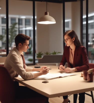 Professional consultant advising clients in a clean, structured office