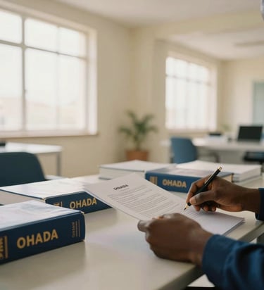 Hands reviewing legal documents with OHADA law books in a modern, sunlit office in Niamey, architectural depth, warm editorial photography, soft natural window light, muted ivory and deep blue tones, 35mm