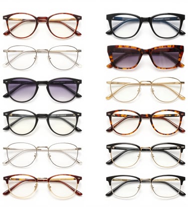 Close-up of elegant eyeglass frames displayed on a minimalist wooden stand